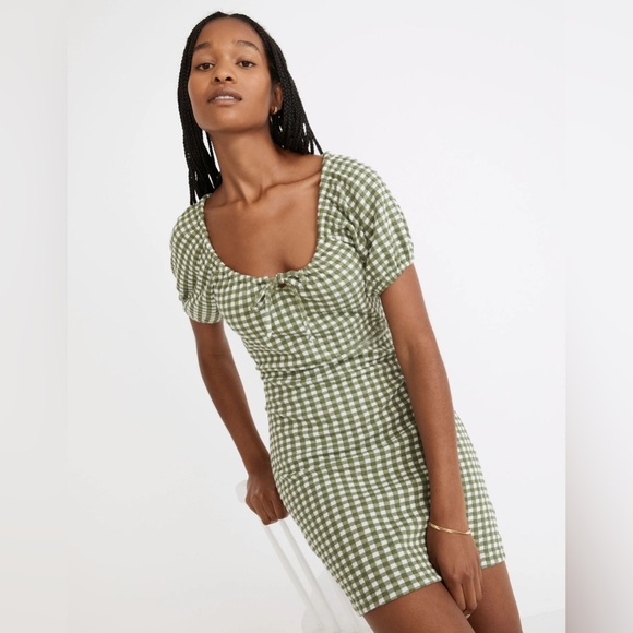 Madewell Jacquard Puff Sleeve Mini Dress Gingham Faded Palm Green Small Cottage - Picture 1 of 13